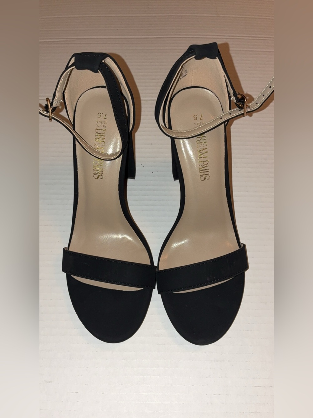 Dream Paris Black and Beige Ankle-Strap Block Heels